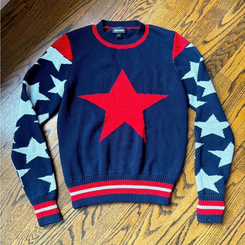 ROBERTO JUST CAVALLI stars lurex sweater top 4th of July USA America glitter M